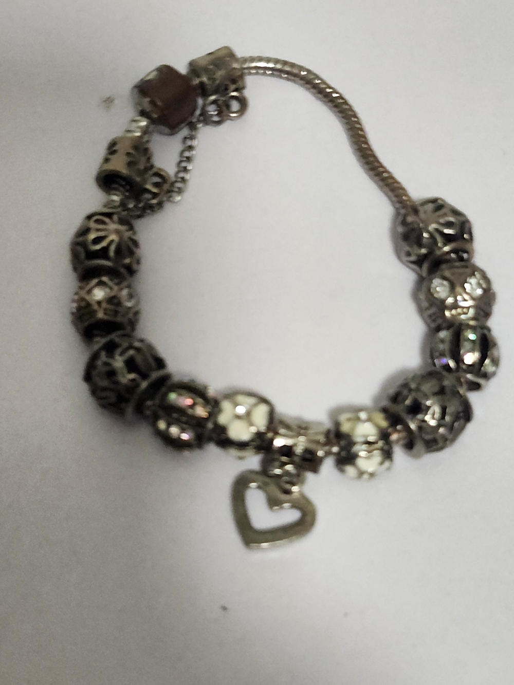 Silver Tone Charm Bracelet Rhinestone Heart Enamel Floral Beads